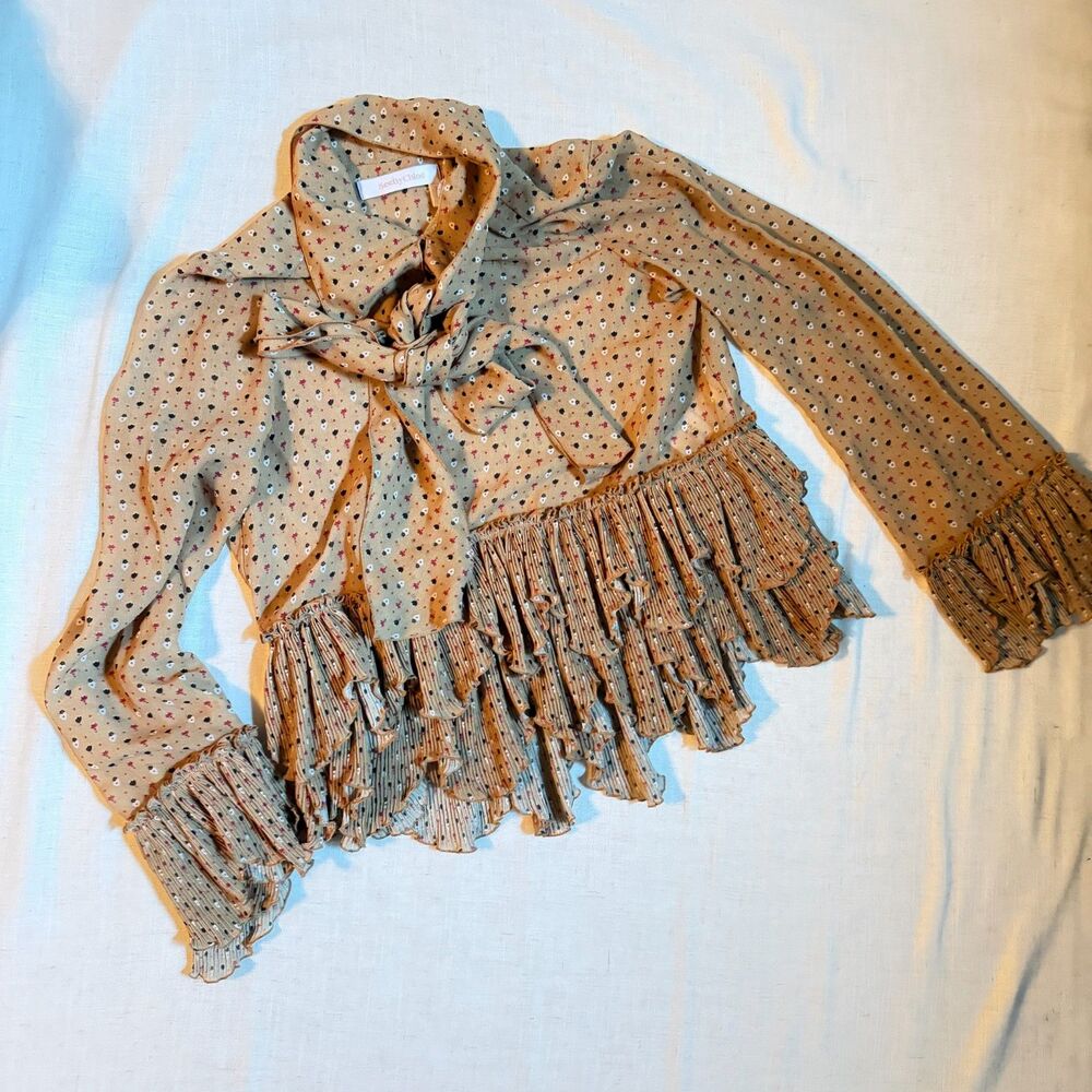 Vintage See by Chloe lux boho sheer ruffle blouse bow neck tie